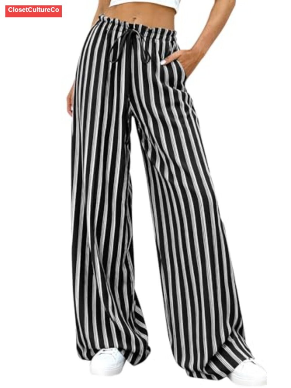 Wide Leg Palazzo Pants Striped High Waisted Lounge Trousers Pockets